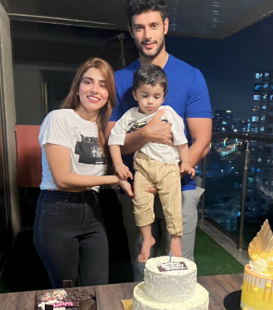 Shivam dube on his wife anjum khan's birthday with her wife and son